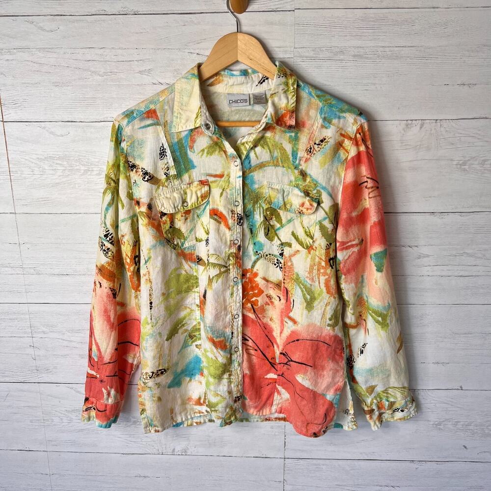 Chicos Shirt Size 1/M Tropical Paradise Print 100% Linen Snap Down Long Sleeve - Picture 4 of 16